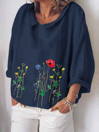 Literary loose cotton and linen flower embroidery long sleeves