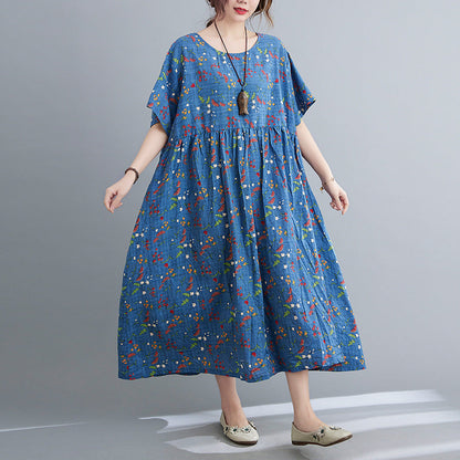 Cotton And Linen Print Short-sleeved Belly-covering Slim Dress