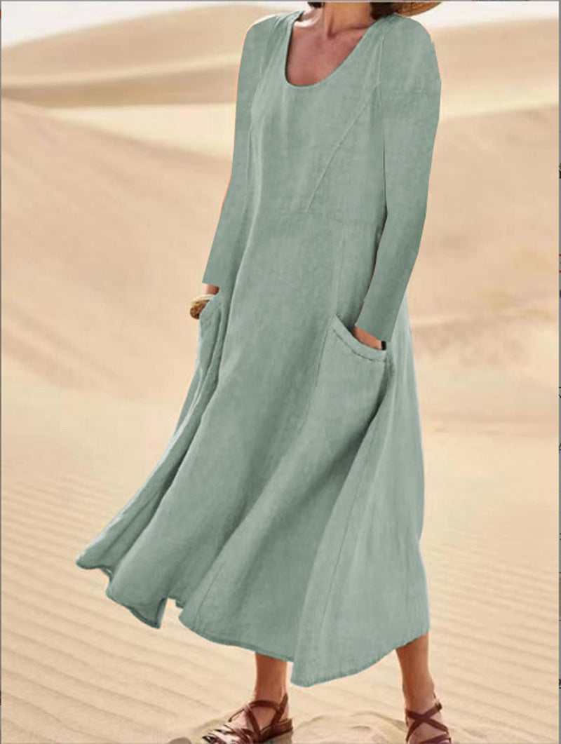 Round Neck Cotton Linen Casual Dress