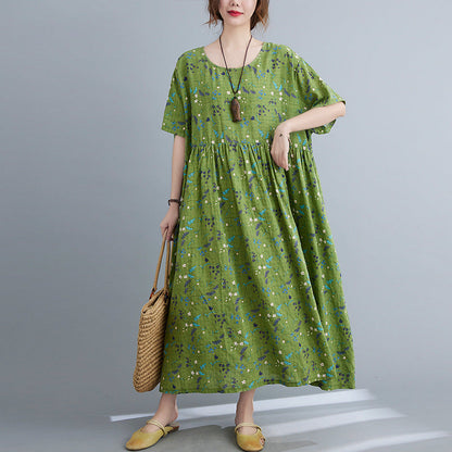 Cotton And Linen Print Short-sleeved Belly-covering Slim Dress