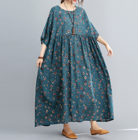 Casual Cotton and Linen Printed Dress