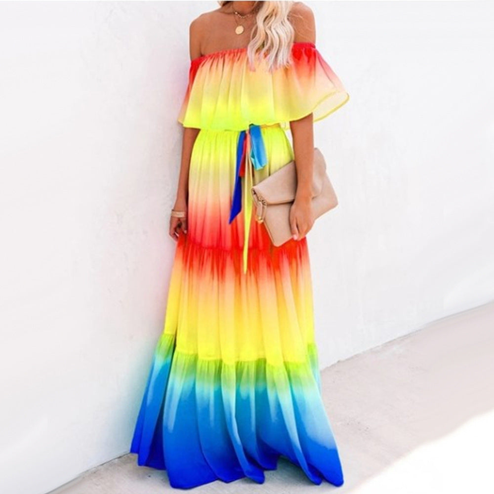 Color One-shoulder Gradient Dress Women