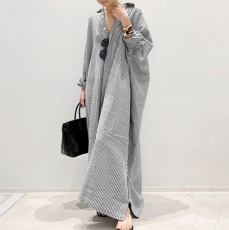 Cotton And Linen Striped Cardigan Irregular Dress