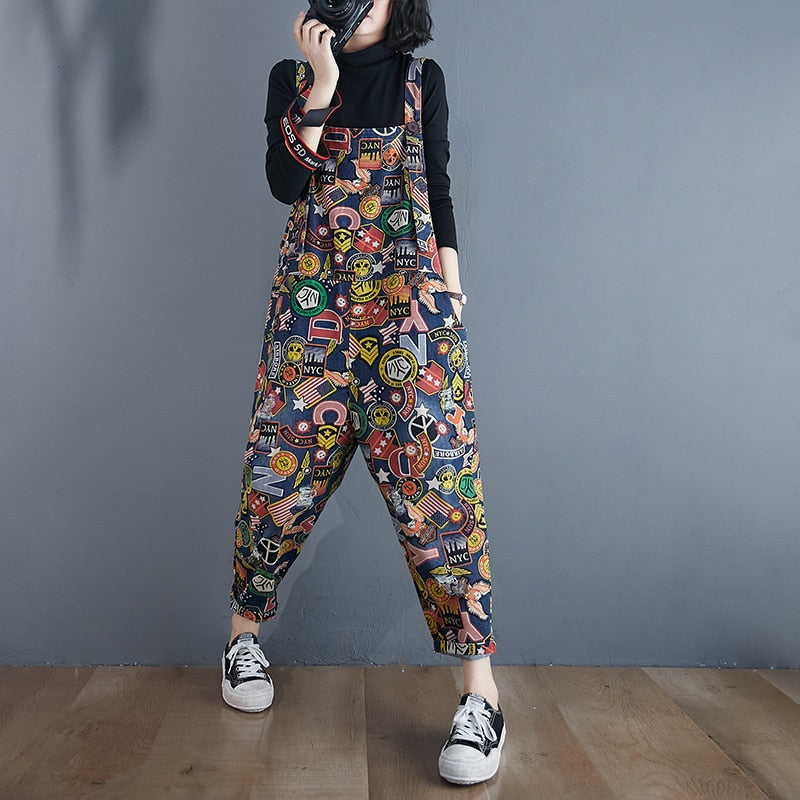 Cartoon Print Denim Jumpsuit with Pockets