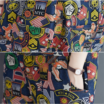 Cartoon Print Denim Jumpsuit with Pockets