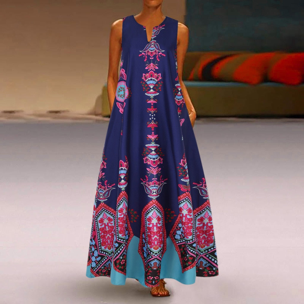 Floral Print Casual Maxi Dress with V-Neck