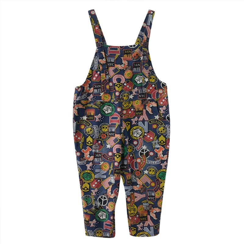 Cartoon Print Denim Jumpsuit with Pockets