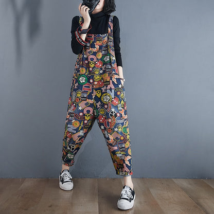 Cartoon Print Denim Jumpsuit with Pockets