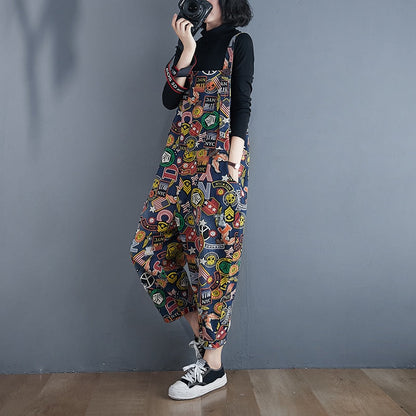 Cartoon Print Denim Jumpsuit with Pockets