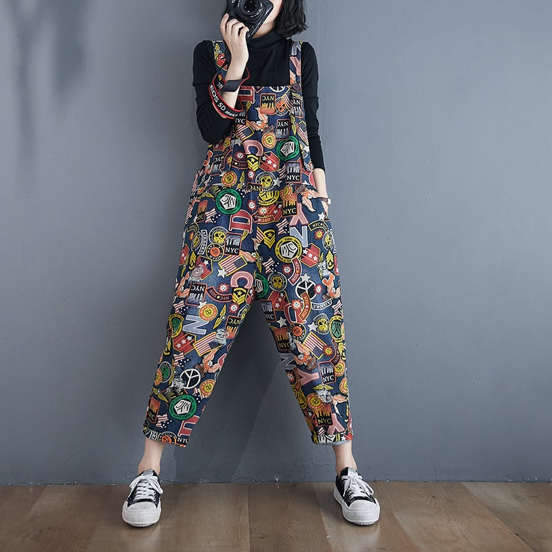 Cartoon Print Denim Jumpsuit with Pockets