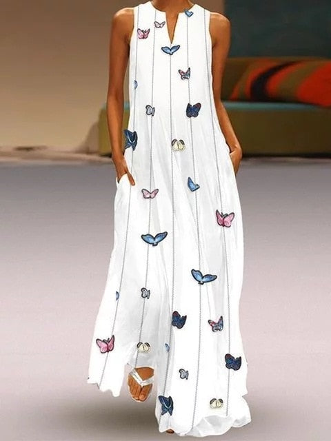 Floral Print Casual Maxi Dress with V-Neck