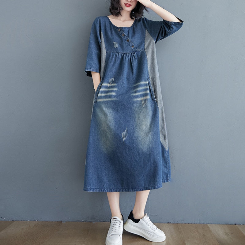 Spliced Color Vintage Denim Dress