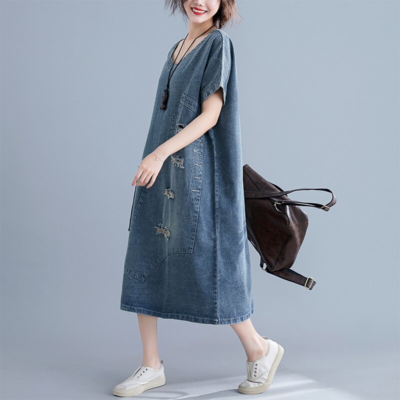 Vintage Pullover Ripped Denim Midi Dress