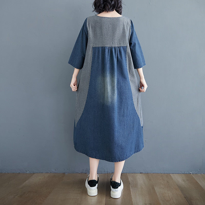 Spliced Color Vintage Denim Dress