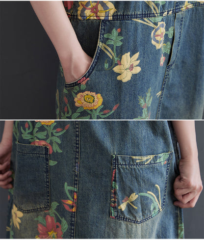 Denim Sleeveless Overall with Patchwork Print