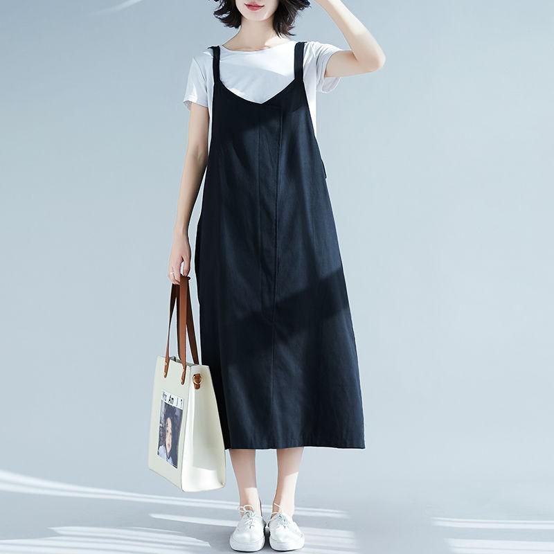 Cotton and Linen Midi Overall Dress with V-Neck