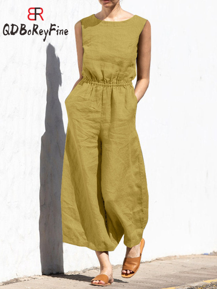 Elastic Waist Jumpsuit with Short Sleeve