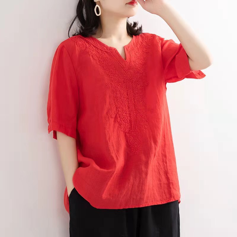 Embroidery Ethnic Style T-Shirt for Women