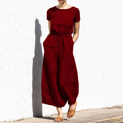 Elastic Waist Jumpsuit with Short Sleeve