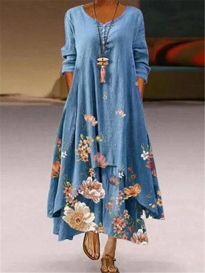 Women Floral Print Long Dresses 2023 Elegant Party High Waist Long Sleeve O Neck Dress Female Casual Loose Beach Vestidos Dress