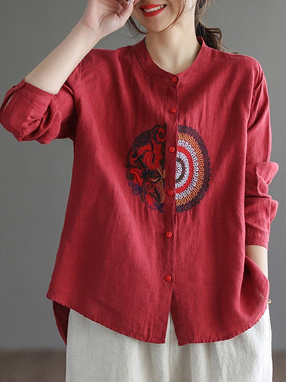 Stand Collar Vintage Shirt with Embroidery