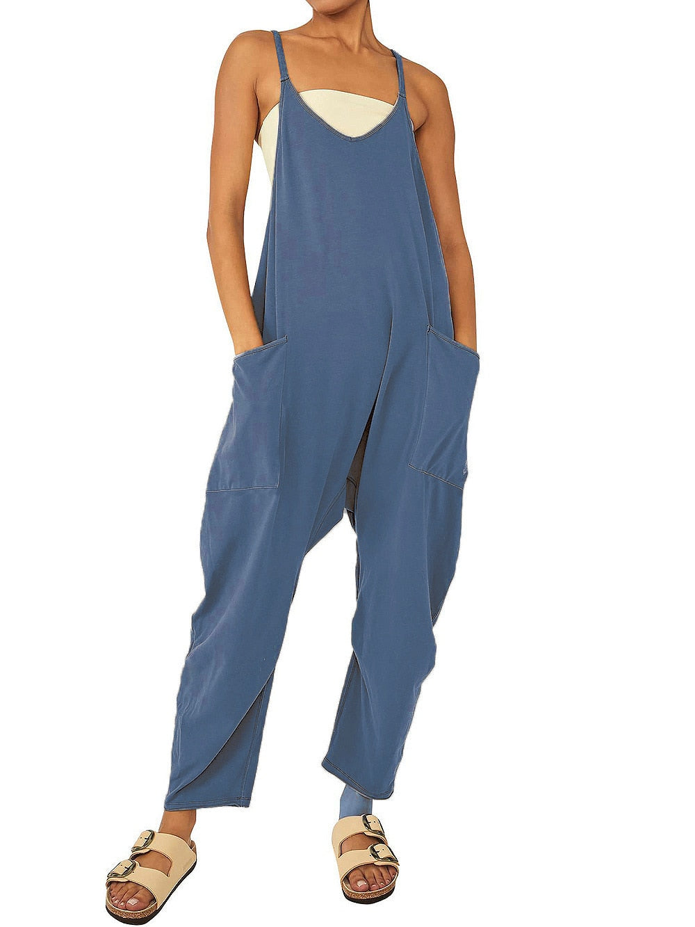Casual Spaghetti Strap Jumpsuit with Large Pockets