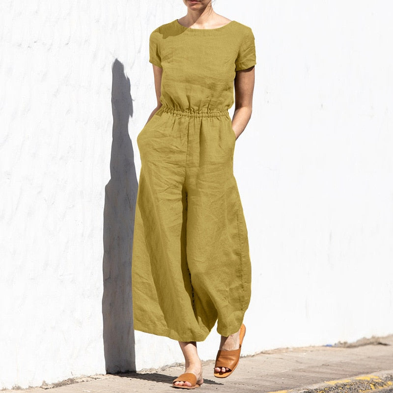 Elastic Waist Jumpsuit with Short Sleeve