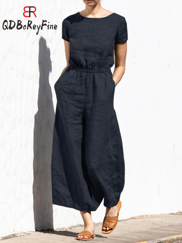 Elastic Waist Jumpsuit with Short Sleeve