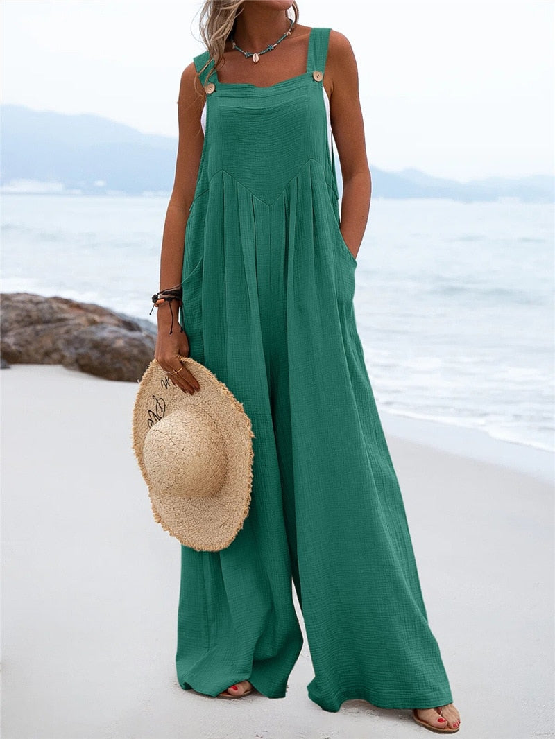 Sleeveless Beach Jumpsuit with Loose Pockets