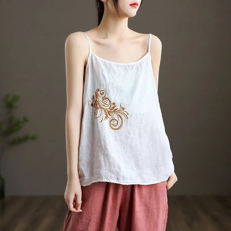 Embroidered Sleeveless Tank Top with V-Neck