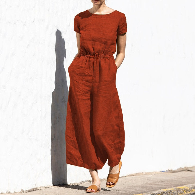 Elastic Waist Jumpsuit with Short Sleeve