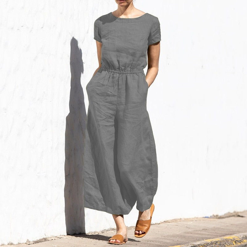 Elastic Waist Jumpsuit with Short Sleeve