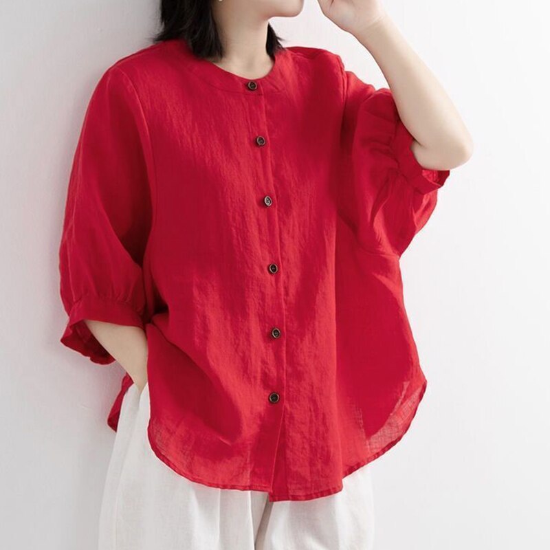 Lantern Sleeve Cotton Linen Blouse - Vintage Elegance