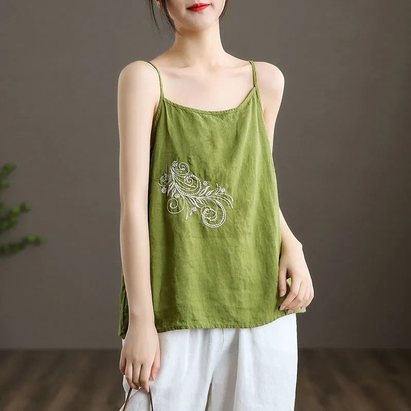 Embroidered Sleeveless Tank Top with V-Neck