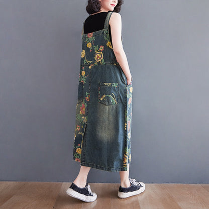 Denim Sleeveless Overall with Patchwork Print