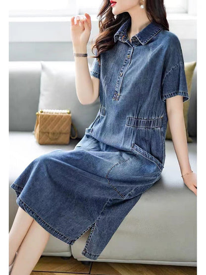 Short Sleeve Midi Dress with Turn-Down Collar