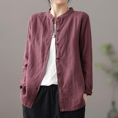 Retro Stand Collar Cotton Cardigan Shirt