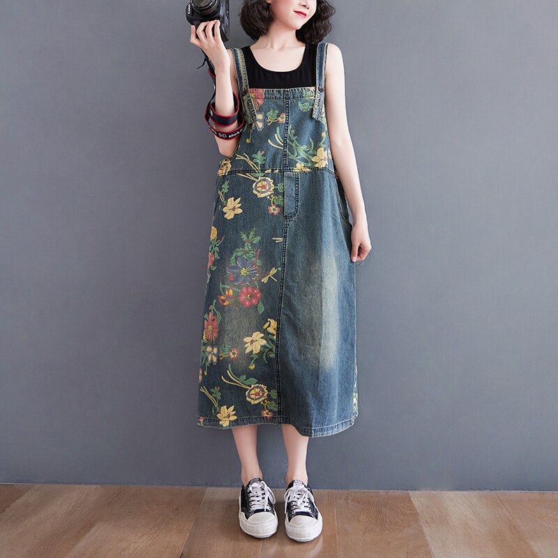 Denim Sleeveless Overall with Patchwork Print