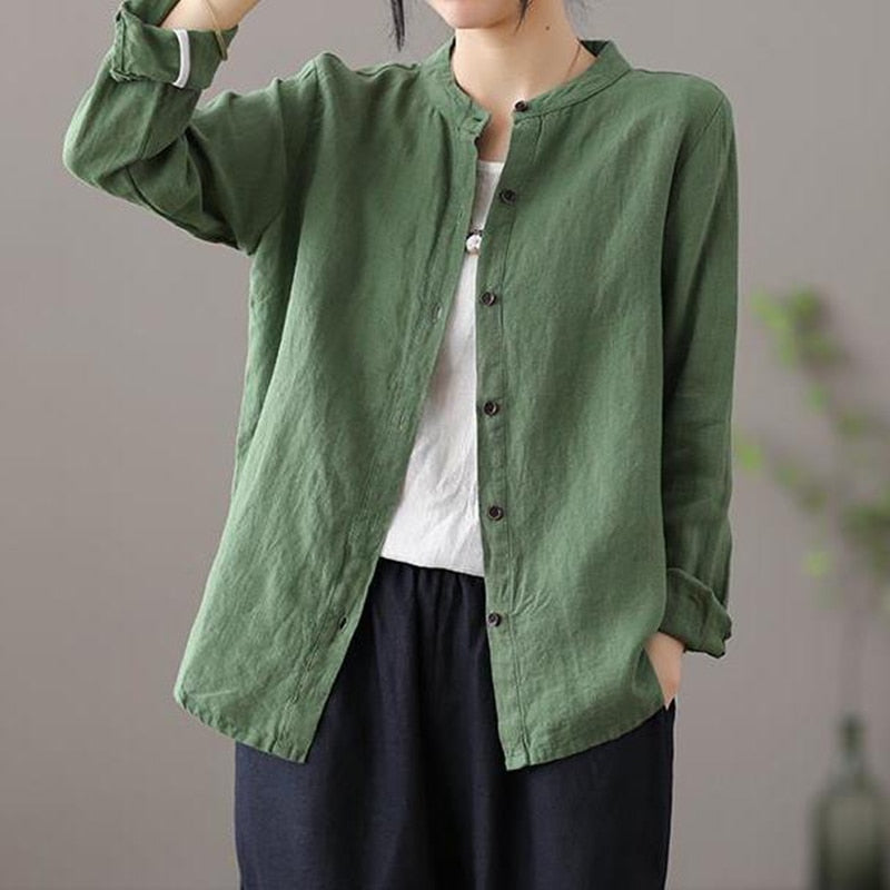 Retro Stand Collar Cotton Cardigan Shirt