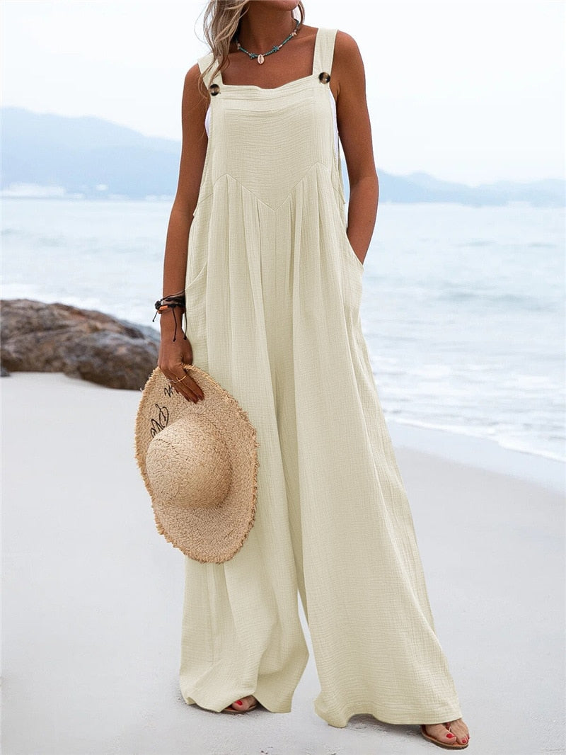 Sleeveless Beach Jumpsuit with Loose Pockets