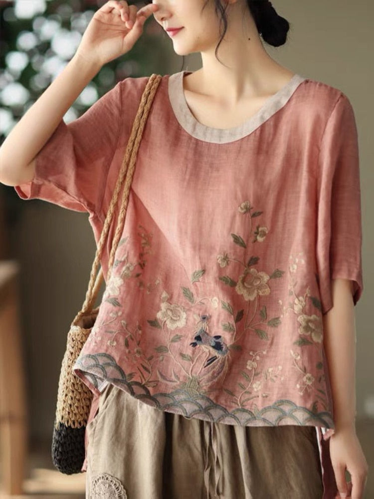 Embroidery Floral Print Blouse with Jewel-Neck