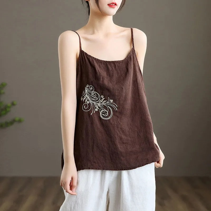 Embroidered Sleeveless Tank Top with V-Neck