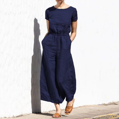 Elastic Waist Jumpsuit with Short Sleeve