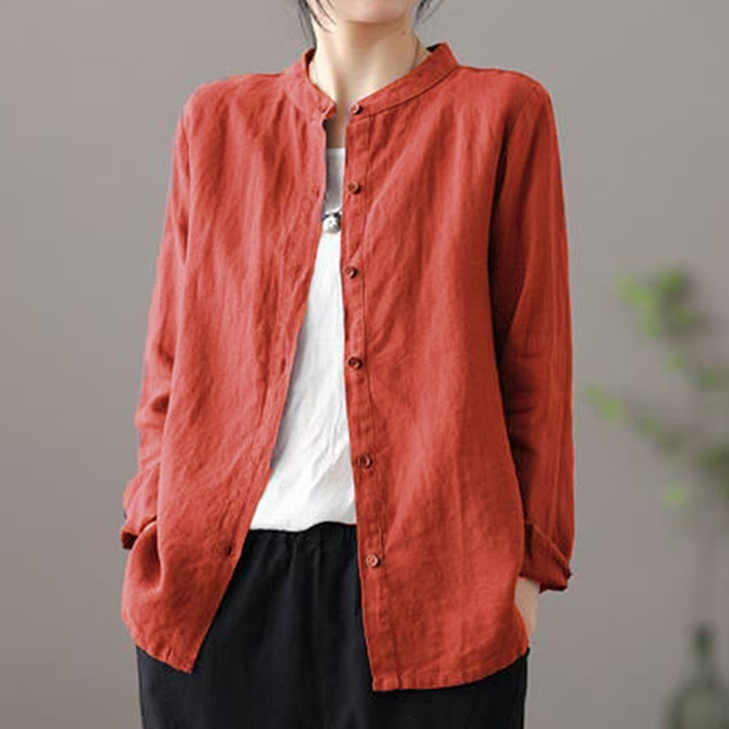 Retro Stand Collar Cotton Cardigan Shirt