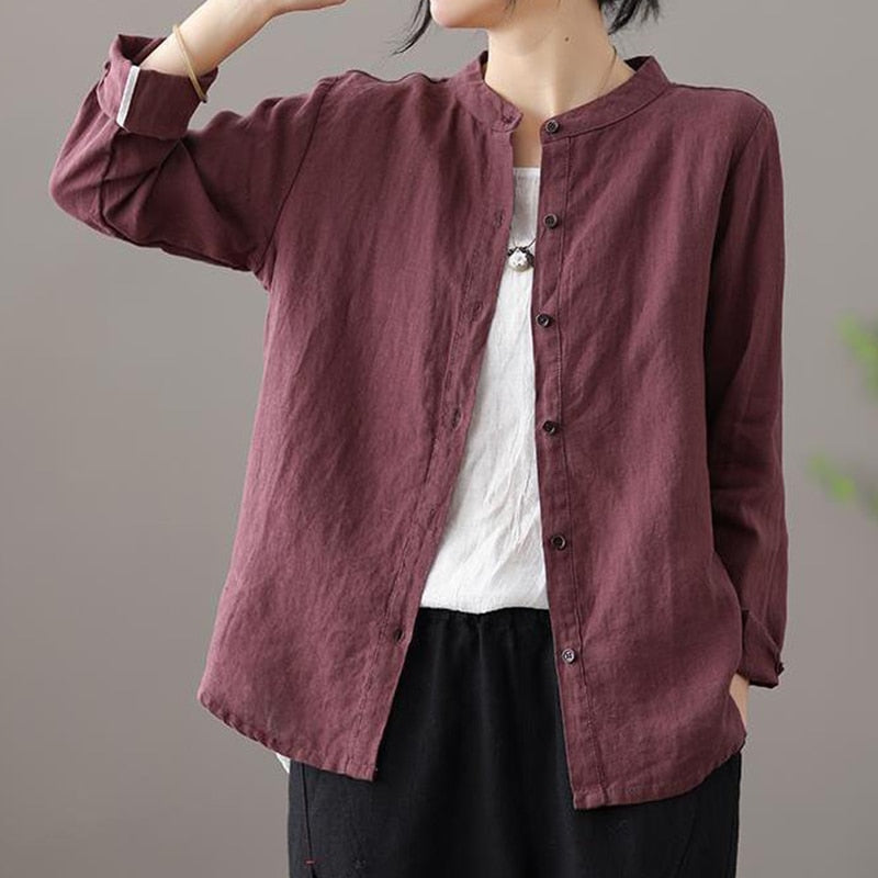 Retro Stand Collar Cotton Cardigan Shirt