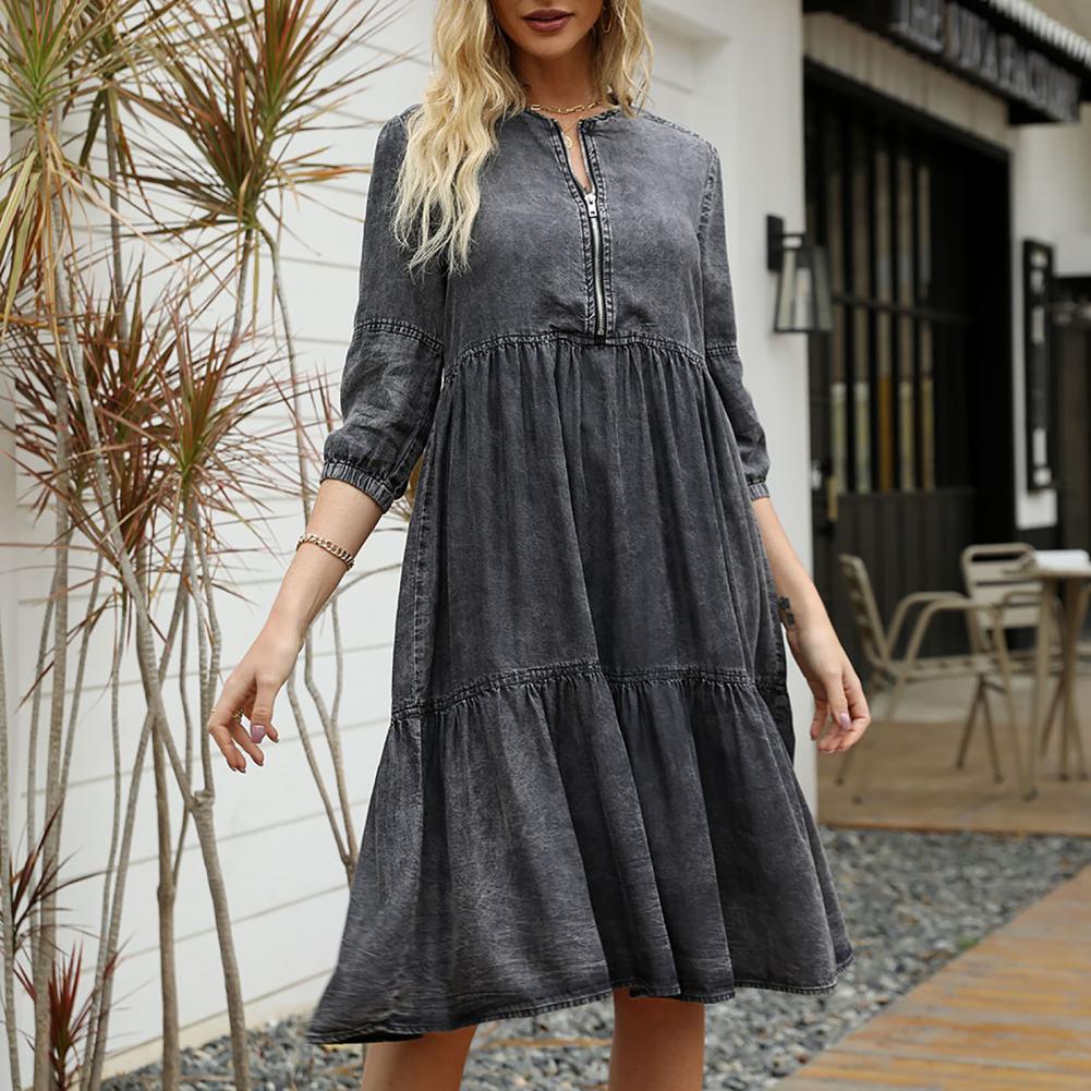 Stylish Distressed Denim Dress with Jewel Neck