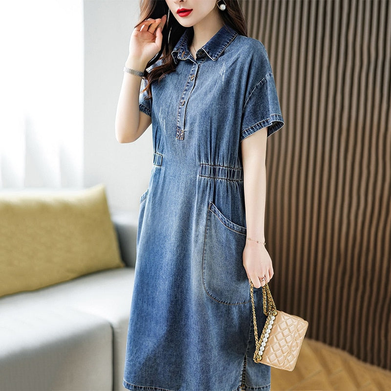 Short Sleeve Midi Dress with Turn-Down Collar