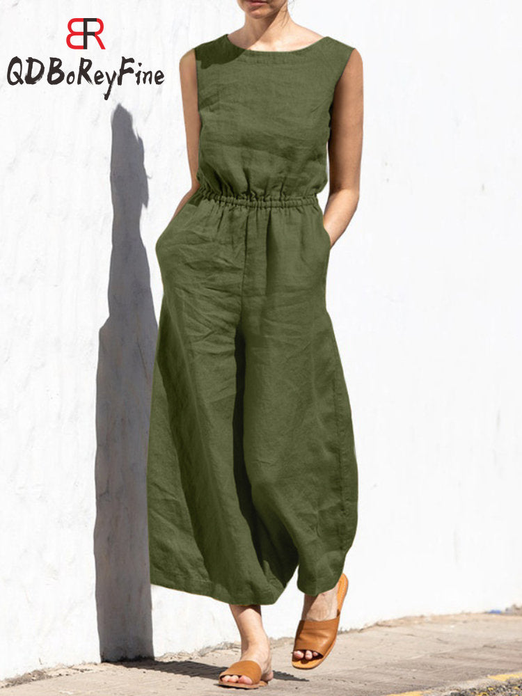 Elastic Waist Jumpsuit with Short Sleeve