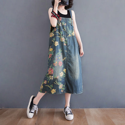 Denim Sleeveless Overall with Patchwork Print