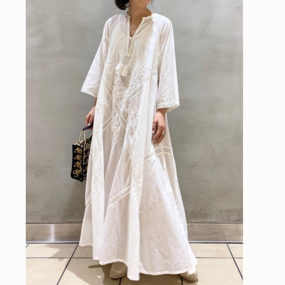 White Casual Long Dress Women Oversize Lace Up Dress Female Loose V Neck Embroidered Dress Ladies Cotton Linen Beach Maxi Dress